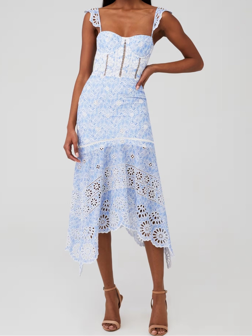 Karina Grimaldi Light Blue Eyelet Corset Midi Dress